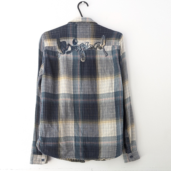 Desigual Men's Multicolor Plaid Button-Down Patchwork Accents Muslin Shirt ~ S/M - Picture 4 of 7